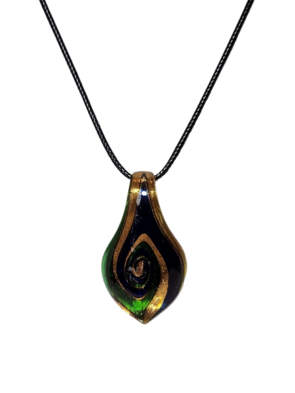 BEAUTIFUL Glass Pendent Necklace Navy Green with Braided Leather look Cord